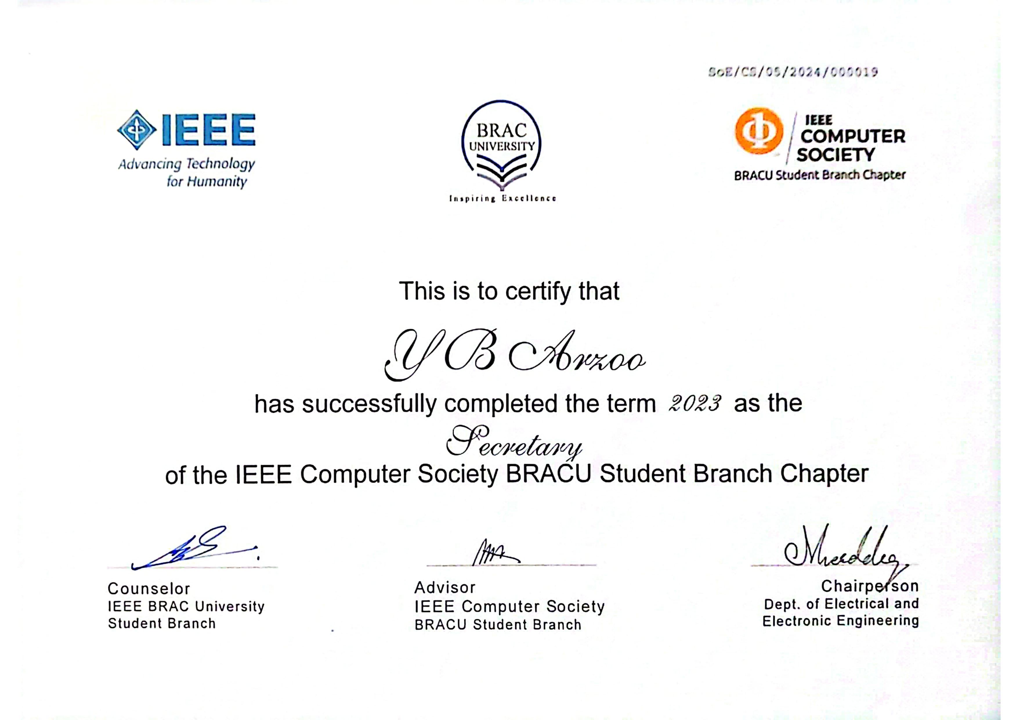 IEEE BRACU Computer Society Student Branch Chapter (Secretary)
